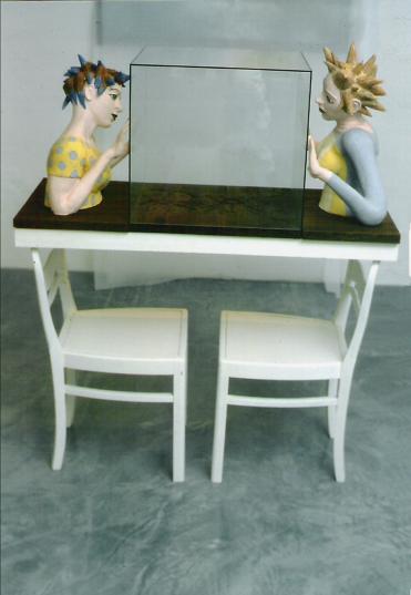 HINTER GLAS, Holz, Glas, Keramik, H.148cm, B.118cm, T.51cm, in der Ausstellung der Morgenrothgalerie, Fürth 2002