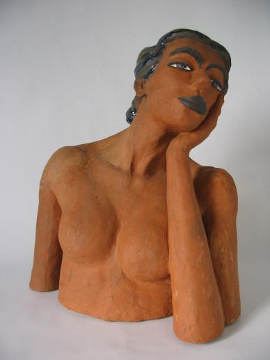 BETTINA HÄLT DEN KOPF SCHRÄG IN DER HAND, Keramik, H. 49cm, B. 38cm, 2001