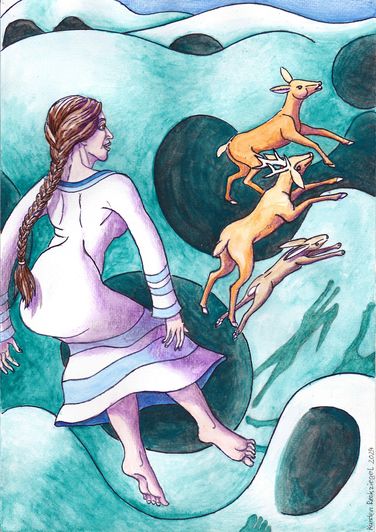 FLIEGEN MIT DEN TIEREN ÜBERS EIS, Aquarell, A4, 2024